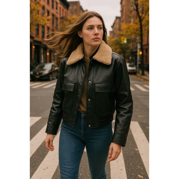 French Connection XL Faux Vegan Leather Bomber Jacket Shearling Collar Black - Picture 4 of 10